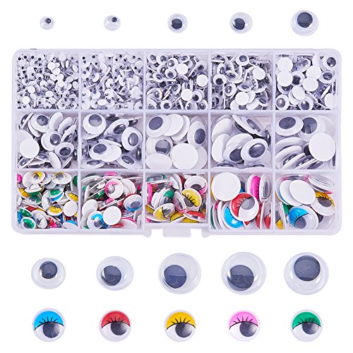 PandaHall Elite – Lote de 1 caja de plástico con ojos y botones para manualidades, manualidades, juguetes, accesorios con etiqueta Paster en la parte posterior, color mixto, 4 x 15 x 2,5 – 3 mm