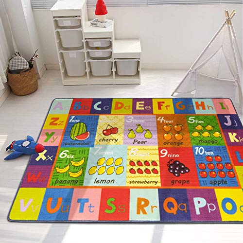 Pauwer Alfombra educativa divertida para niños con respaldo de goma antideslizante, colección ABC, números y áreas de aprendizaje de frutas, para sala de estar, dormitorio, sala de juegos y aula.