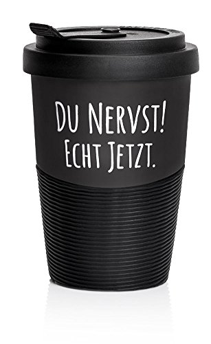 Pechkeks Taza térmica de café para llevar de porcelana con tapa, texto en alemán Du nervst! Echt jetzt, tamaño 300 ml, color negro mate