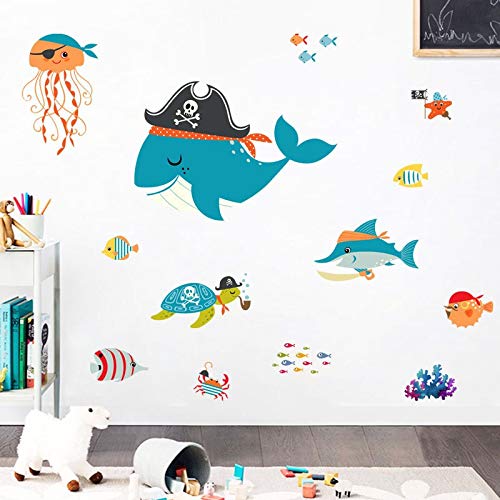 Pegatinas de pared de dibujos animados pirata ballena y pescado bajo el agua animal, vinilo Inicio murales, for el Kinder sala de juegos for niños y bebés de decoración de interior 40x60cm