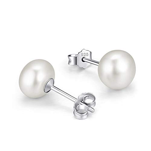 Pendientes de Perlas Cultivadas de Agua Dulce tipo Botón Blancas de Plata de ley 925 para Mujeres y Niña (6.00 mm)