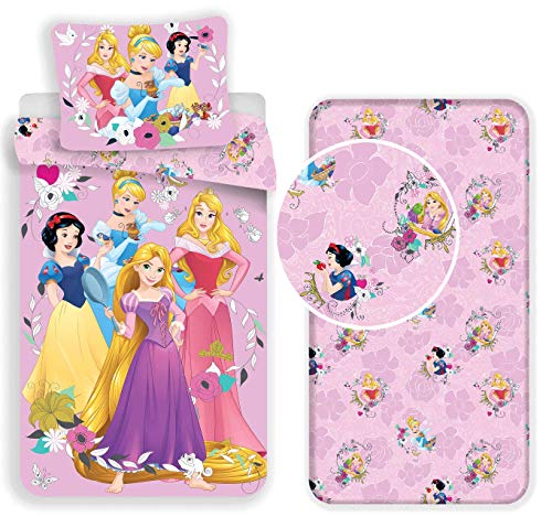 Princesas 3 piezas Juego de cama individual funda nórdica + funda de almohada + sábana bajera de algodón Ropa de cama infantil