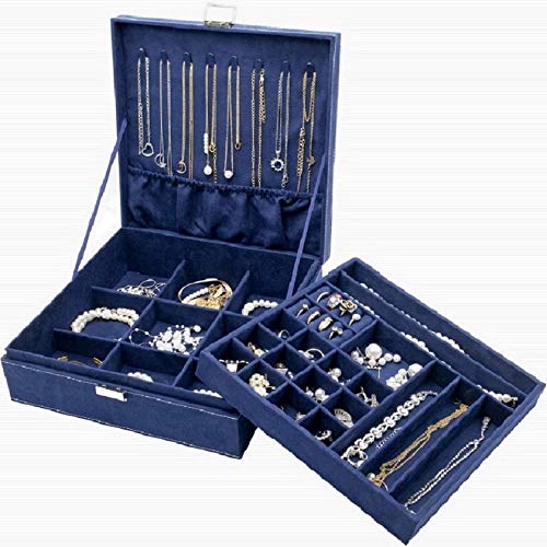 ProCase Estuche Joyero Grande Aterciopelado para Mujer, Caja Organizadora de 2 Pisos con Colgador de Collares Pendientes, Guardar Joyas Accesorios Decoración Pulseras Anillos Relojes en Hogar -Azul