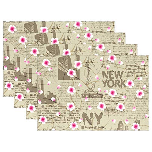 Promini Juego de 4 manteles Individuales, diseño Vintage de Cerezo en Flor de Nueva York, Antideslizantes, Lavables, Resistentes al Calor Promini Juego de 4 manteles Individuales, diseño Vintage de Cerezo en Flor de Nueva York, Antideslizantes, Lavables, Resistentes al Calor