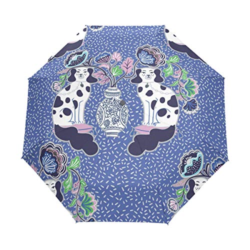 QMIN Paraguas plegable automático estilo chino con flores de porcelana, resistente al viento, protección UV, para viajes, compacto, para mujeres, hombres y niñas