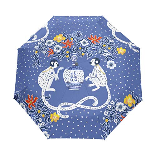 QMIN Paraguas plegable automático estilo chino de porcelana mono flor resistente al viento protección anti UV viaje paraguas compacto lluvia para mujeres mujeres hombres niñas