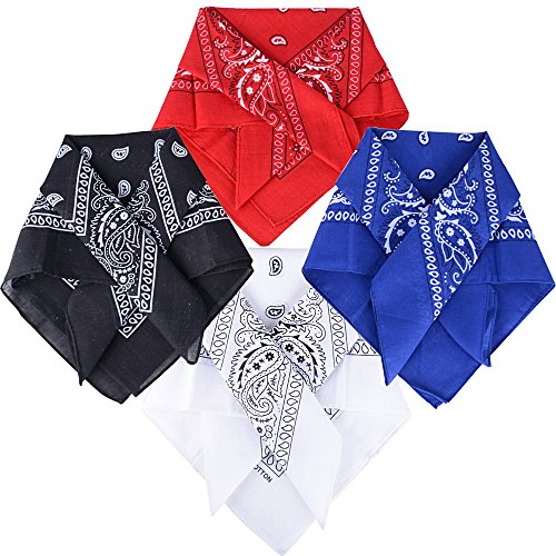 QUMAO Pañuelos Bandanas de Modelo de Paisley para Cuello/Cabeza Multicolor Múltiple para Mujer y Hombre (Pack de 4; Negro&blanco&rojo&azul)