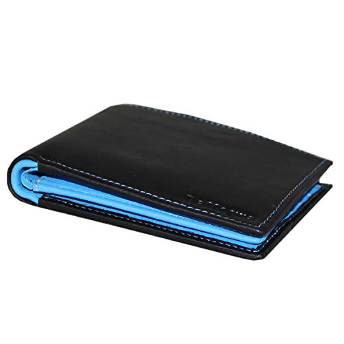 Rallegra - Cartera de piel negra para hombre, bloqueo RFID, capacidad para 15 tarjetas, 4 bolsillos de almacenamiento, 2 compartimentos para notas con bolsa de presentación de regalo, interior azul