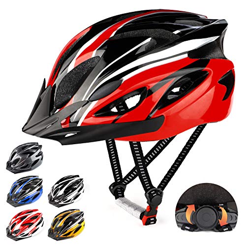 RaMokey Casco de bicicleta ligero, ajustable para bicicleta de montaña y carretera para adultos, 18 respiraderos con correa ajustable y visera desmontable para (rojo+negro)