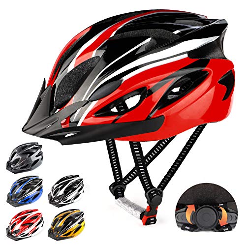 RaMokey Casco de bicicleta ligero, ajustable para bicicleta de montaña y carretera para adultos, 18 respiraderos con correa ajustable y visera desmontable para (rojo+negro) RaMokey Casco de bicicleta ligero, ajustable para bicicleta de montaña y carretera para adultos, 18 respiraderos con correa ajustable y visera desmontable para (rojo+negro)