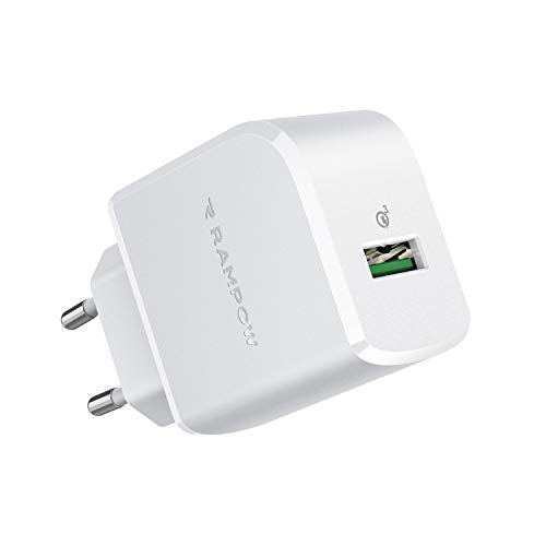 RAMPOW Cargador USB 19.5W Cargador de Red con Quick Charge 3.0 Cargador USB Pared Cargador Móvil para Teléfonos y Tabletas, iPhone, iPad, Samsung, LG, HTC, Sony, Huawei, Xiaomi y más - Blanco