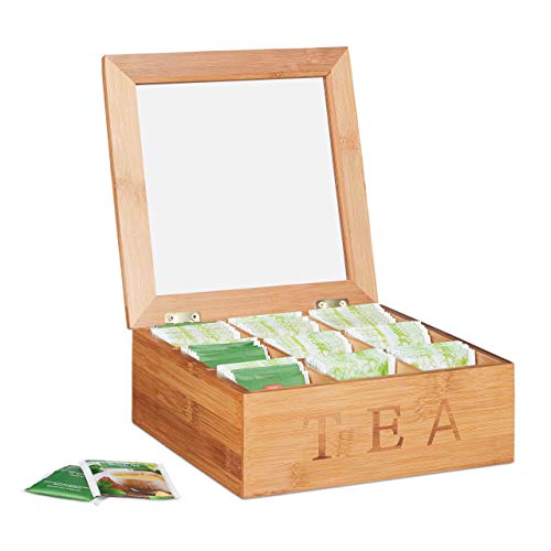 Relaxdays Estuche de bambú para té, Nueve Compartimentos, Cuadrado, Ventana Transparente, Marrón, 8,5 x 22 x 22 cm