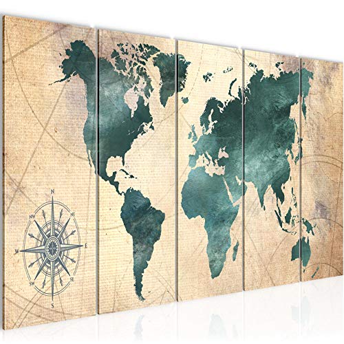 Runa Art Cuadro XXL Mapa Del Mundo 200 x 80 cm Verde Marrón 5 Piezas - Made in Germany - 026055a