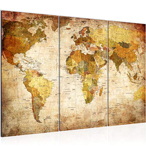 Runa Art Mapa Del Mundo Cuadro Murales Sala XXL Oro Vintage Antiguo 120 x 80 cm 3 Piezas Decoración de Pared 103431a