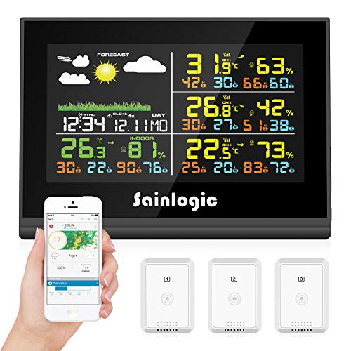 Sainlogic Estación meteorológica de radio WLAN con 3 sensores al aire libre, pronóstico del tiempo, pantalla a color, Wunderground