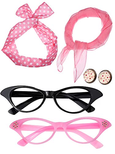 SATINIOR Juego de Accesorios de Disfraz de Mujer de los Años 50 Bufanda Diadema Pendientes Gafas de Ojo de Gato para Fiesta (Conjunto de Colores 3)