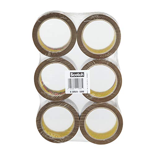 Scotch Low Noise Cinta de embalaje – Cinta adhesiva para almacenamientos y envíos, desenrollado silencioso, 50mm x 66m – 6 rollos, color marrón
