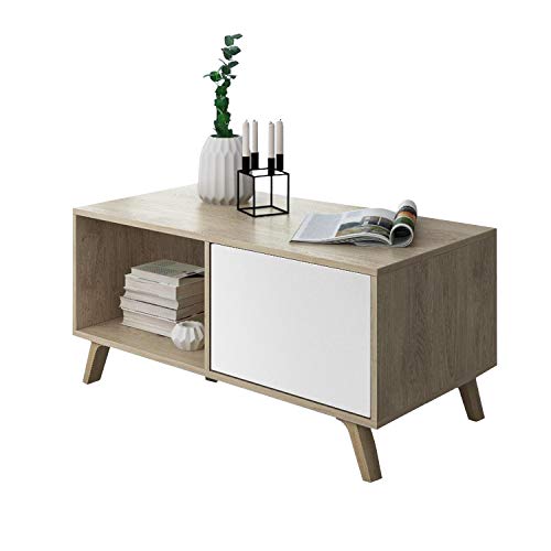 SelectionHome - Mesa de centro con puertas, mesita de salón comedor, modelo Wind, color estructura Puccini, color puertas Blanco, medidas: 92 cm (ancho) x 45 cm (alto) x 50 cm (fondo)