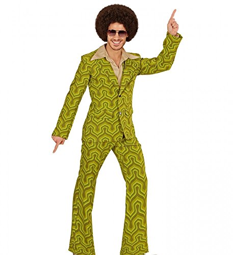 shoperama Disfraz retro de los años 70 para hombre, diseño de papel pintado, color verde, disfraz de discoteca, chaqueta y pantalón de los años 70, talla XL