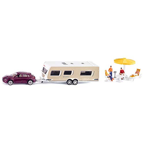 siku 2542 Coche con caravana y accesorios, Incl. figuras y accesorios de camping, 1:55, Metal/Plástico, Multicolor