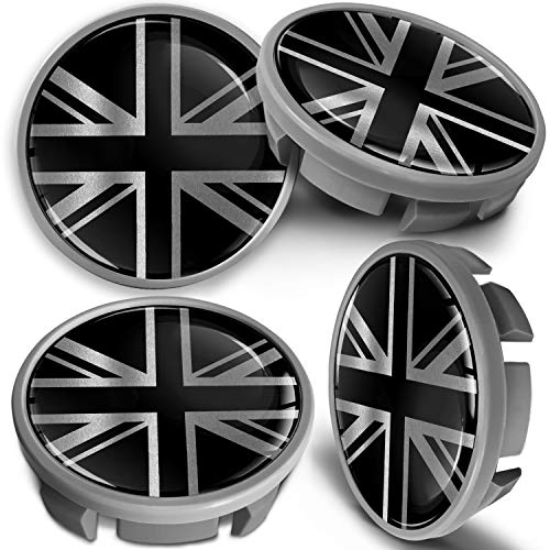 SkinoEu 4 x 65mm Tapas de Rueda de Centro Centrales Llantas Aluminio Compatibles con Tapacubos VW Número de Pieza 3B7601171 / 6U7601171 Gris Plata Bandera del Reino Unido UK CVS 1