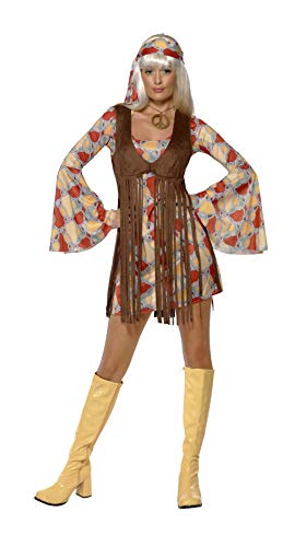 Smiffys- Disfraz de Chica Guay de los 60, con Vestido y Chaleco de Flecos, Color Estampado, S - EU Tamaño 36-38 (Smiffy'S 39435S)