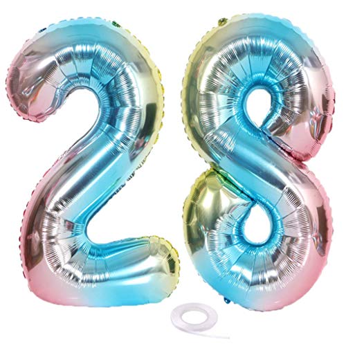 SNOWZAN Globo con número 28 XL con el número 28 arcoíris para niñas niños globos con número 28 para decoración de cumpleaños color iridiscente años 32 pulgadas helio gigante para fiesta de cumpleaños