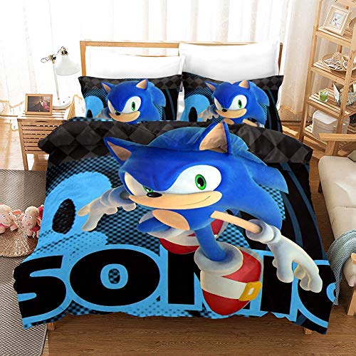 Sonic Funda de edredón 3D de dibujos animados Sonic erizo impreso juego de cama para niños 2 piezas, incluye 1 funda de edredón, 1 fundas de almohada (SNK01, individual 135 x 200 cm)