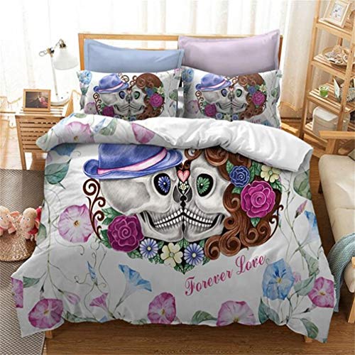 Stillshine Ropa de Cama Cráneo Pareja Beso Gótico 3D Color Digital Impresión Funda nórdica y Funda de Almohada Punk No Ferrosos (220x240 cm - Cama 150)