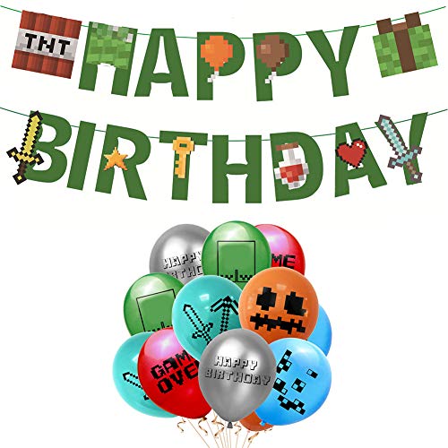 Suministros para Fiestas de Videojuegos Happy Birthday Gaming Banner, 24PCS Video Game Party Balloons Globos de cumpleaños para Juegos de 12 Pulgadas para Miner Gamer Party Favors