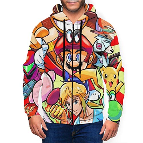 Super Smash Bros Mario Legend of Zelda Kirby Pikachu - Sudadera con capucha para hombre con bolsillo con cremallera y capucha y capucha para deportes, chaqueta para niños, talla XL, color negro