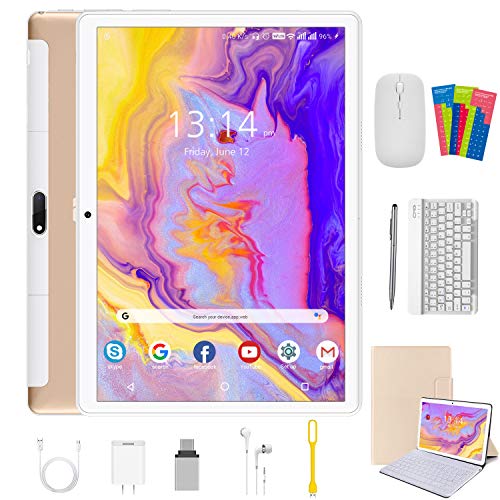 Tablet 10.1 Pulgadas 4G Android 10.1 Quad Core Google GMS DUODUOGO P6 Tablet Baratas 4GB RAM 64GB ROM/128GB Escalables 8000mAh Dual SIM/Cámara Tablet PC Netfilx OTG (Estándar + Teclado y Mouse, Oro)