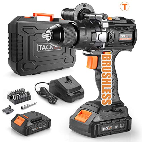 Taladro Atornillador Brushless, TACKLIFE Taladro Percutor a Batería sin escobillas 18V, 65Nm, 20+3 Ajustes Par, 1 h Cargador Rápido, Mango Lateral Extraíble, 2×2.0Ah Batería de Litio, BLPCD02B