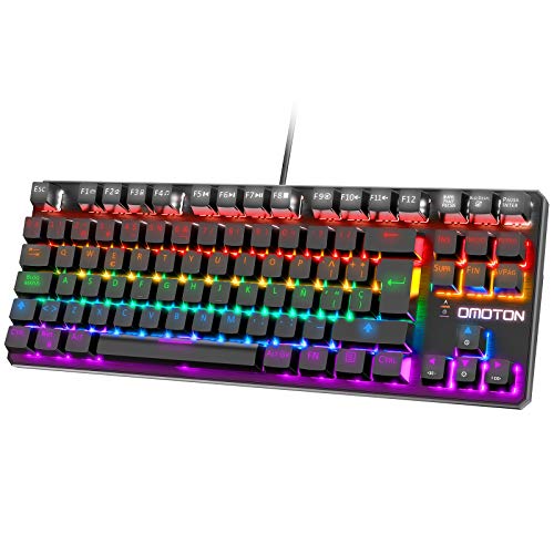 Teclado Gaming, OMOTON Teclado mecánico con cable para Windows 2000 / XP / ME / Vista / 7/8, Android, Linux, Mac OS, Retroiluminación Arcoíris,Anti-Efecto Fantasma,Acceso Directo Multimedia, Negro