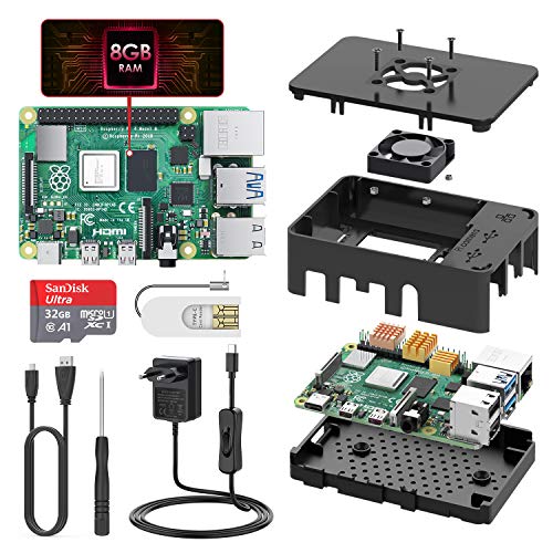 TICTID Raspberry Pi 4 Modelo B 8GB Kit, Versión Actualizada de Raspberry pi 3 con Tarjeta MicroSD de 32GB, Adaptador tipoC 5V 3A con Interruptor, Ventilador, Estuche y Lector de Tarjetas, etc