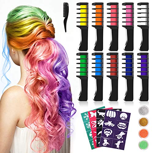 Tizas Para el Pelo, Kastiny 10 Colors no Tóxico Temporales de Cabello Tinte, con 32 plantillas de tatuajes &4 brillos Peines de Tiza de Colores para el Pelo, Fiesta, Navidad y Performance Tizas Para el Pelo, Kastiny 10 Colors no Tóxico Temporales de Cabello Tinte, con 32 plantillas de tatuajes &4 brillos Peines de Tiza de Colores para el Pelo, Fiesta, Navidad y Performance