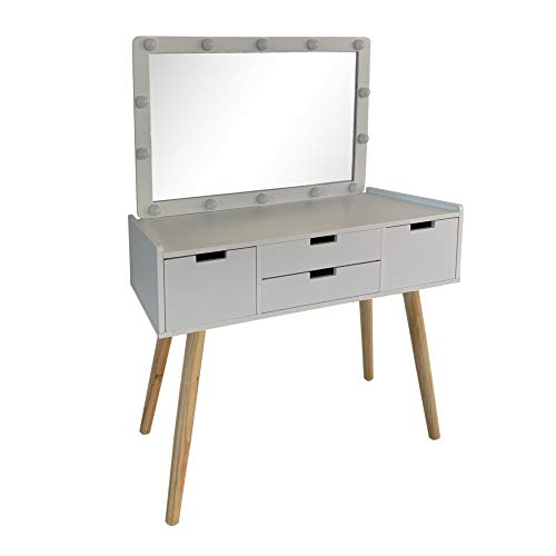 Tocador con Espejo camerino Blanco de Madera y Cristal de 90x40x130 cm - LOLAhome Tocador con Espejo camerino Blanco de Madera y Cristal de 90x40x130 cm - LOLAhome