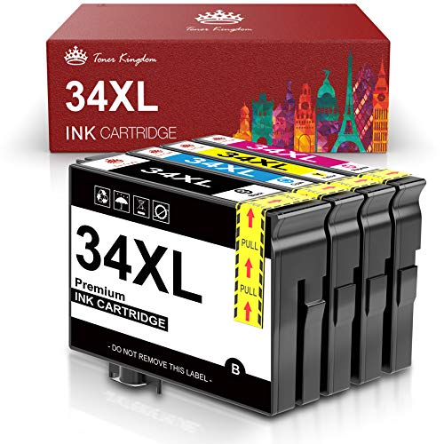 TonerKingdom 34XL Compatibles Epson Cartuchos de Tinta (T3471 T3472 T3473 T3474), para Epson Workforce Pro 3720DWF 3725DWF Workforce Pro WF-3720DWF WF-3725DWF (Negro/ Cian/ Magenta/ Amarillo)