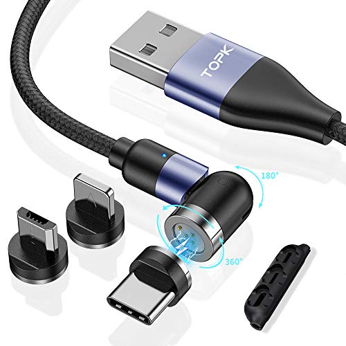 TOPK Cable USB Magnetico, Gen3 Actualización 3A Carga Rápida y Sincronización de Datos, 360 ° y 180 ° Rotación Cable USB Magnético Teléfono móvil Cable de Cargador 3 en 1 para Micro USB, Tipo C, iP-2M