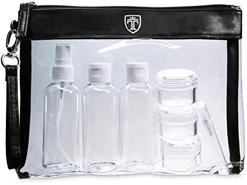 TRAVANDO ® Neceser transparente, 7 envases impermeables (max.100ml) - 1l de capacidad - bolsa de cosméticos, equipaje de mano - transporte de líquidos en el avión, botella set de viaje - hombre, mujer