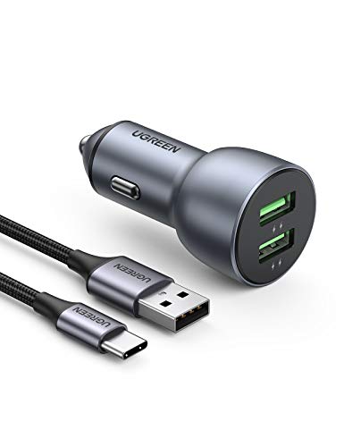 UGREEN Cargador Coche Carga Rápido, 36W Dual USB Quick Charge 3.0, Aluminio Mini Cargador Movil Coche con 1 Metros Cable USB C Compatible con iPhone, iPad, Galaxy S20,S10, Huawei Mate 20, Xiaomi Mi 10