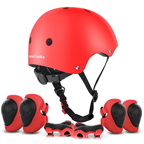 ValueTalks Protección Patinaje, Protección Infantil Consta de Casco Ajustable Rodilleras Coderas, Patinaje Ciclismo Monopatín y Deportes Extremos(Rosa) (Rojo)