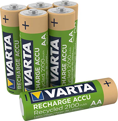 VARTA Recharge Accu Recycled, Pilas de NiMh AA Micro recargable (paquete de 6 unidades, 2100 mAh) hechas con un 11% de materiales reciclados - Recargables sin efecto de memoria