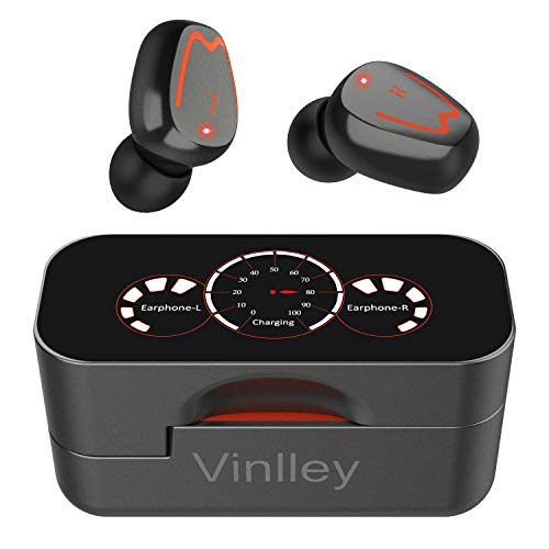 Vinlley Auriculares Inalámbricos Bluetooth Telefono Deportivos 5.0 con Micrófono Gaming IPX7 HiFi Calidad Sonido Estéreo Cascos LED Caja de Carga Diseño Rotativo para Smartphone/PC/PS5-Gris