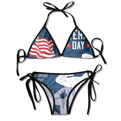 Vintage Happy Veterans Day Impreso Conjuntos de Bikini para Mujer, Traje de baño de triángulo, Traje de baño de Playa, Negro