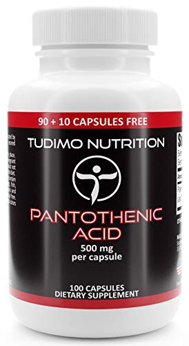 Vitamina B5 500 mg Ácido Pantoténico Cápsulas – 100 pzas (3+ Meses de provisión) de Cápsulas de Desintegración Rápida, cada una con 500mg de polvo de Ácido Pantoténico de Calidad Premium Vitamina B5 500 mg Ácido Pantoténico Cápsulas – 100 pzas (3+ Meses de provisión) de Cápsulas de Desintegración Rápida, cada una con 500mg de polvo de Ácido Pantoténico de Calidad Premium
