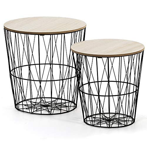 VS Venta-stock Juego 2 mesas de Centro café Guili con Tapa de Chapa de Madera Natural y Estructura de Metal en Negro VS Venta-stock Juego 2 mesas de Centro café Guili con Tapa de Chapa de Madera Natural y Estructura de Metal en Negro