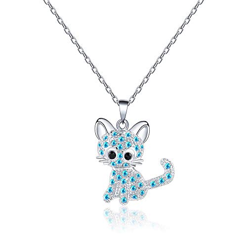 VU100 - Collar de Plata con Colgante de Gato para Mujer y niña, joyería con Cristal Azul Brillante para Amantes de los Gatos, Regalo para cumpleaños, Navidad