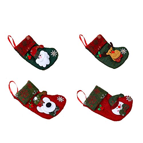 WARMWORD Juego de 4 Calcetines de Navidad Regalode Decoración Bordado de Santa Claus Muñeco Nieve Mini Botas Bolsillo Calcetín de Tartán de Felpa Roja Para Año de Dulces Presenta la Colgante del árbol