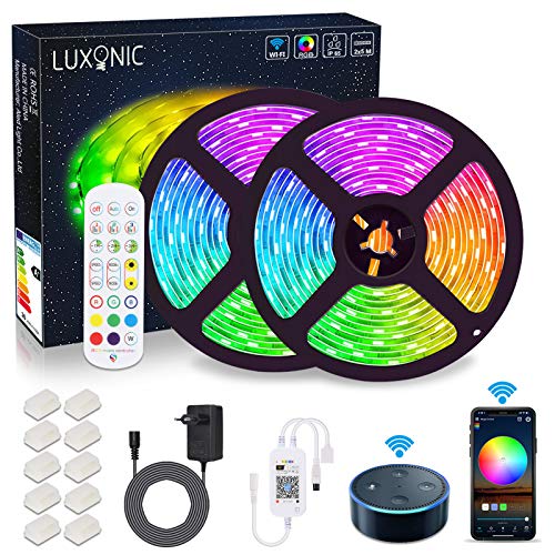 WIFI Tira de LED 10 m,LUXONIC RGB tiras de luces 5050 SMD 300, sincronización con música, banda LED controlada por aplicación de teléfono inteligente, funciona con Alexa, Google Home WIFI Tira de LED 10 m,LUXONIC RGB tiras de luces 5050 SMD 300, sincronización con música, banda LED controlada por aplicación de teléfono inteligente, funciona con Alexa, Google Home